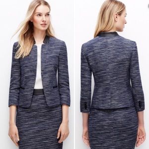 EUC Ann Taylor Navy Tweed Suit with faux leather trim